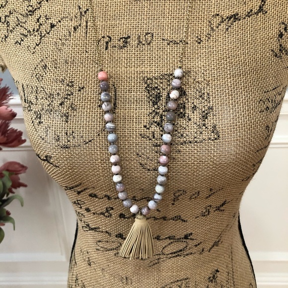 boutique Jewelry - Boutique BOHO Gemstone Leather Tassel Necklace